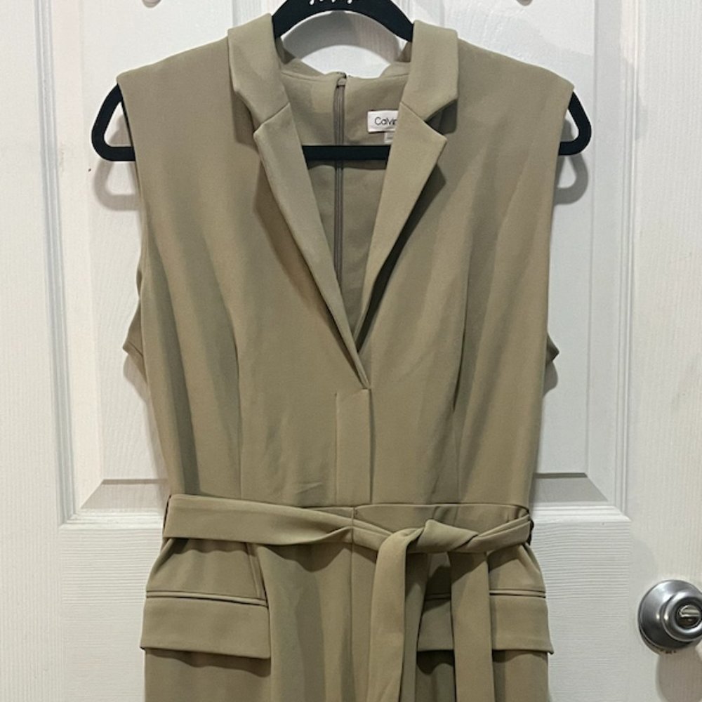 Calvin Klein Jumpsuit with V Neck and Collar, Belted in Taupe